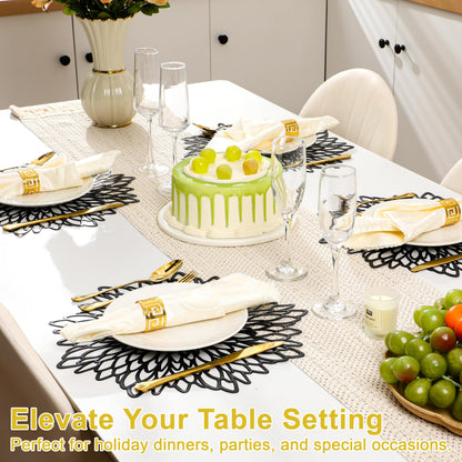 Set of 6 Round Placemats Black, Heat-Resistant PVC Table Mats with Luxury Metallic Glossy Finish for Thanksgiving Christmas Wedding Party Decor, Easy to Clean