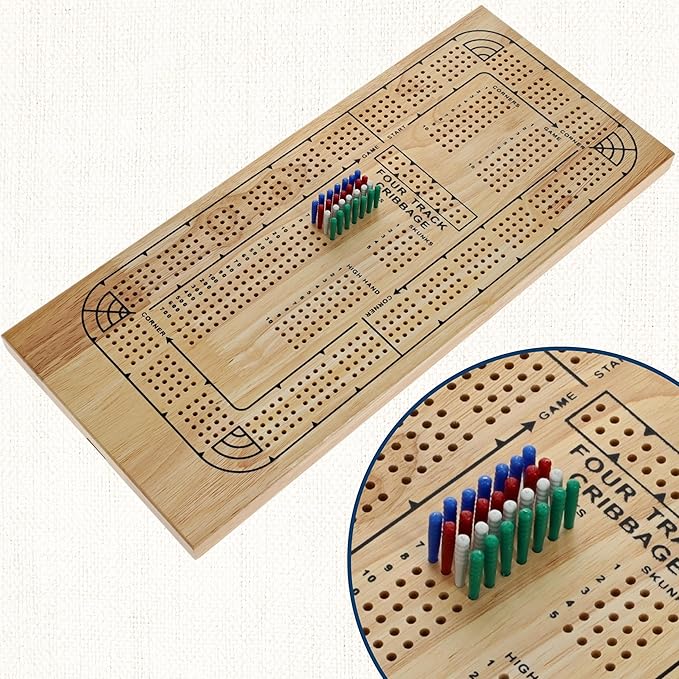 WE Games 4 Player Wooden Cribbage Board Solid Natural Wood 4 Track Board Plastic Pegs and Instructions Card Games for Families and Adults