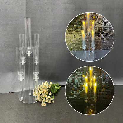 Clear 5 Arms Candlesticks Holder with Acrylic Shade for Wedding Table Decorations,26'' Tall Acrylic Candelabra Centerpieces for Candlelight Dinner Party Fireplace Gift Fit LED Candle（6 Pcs）