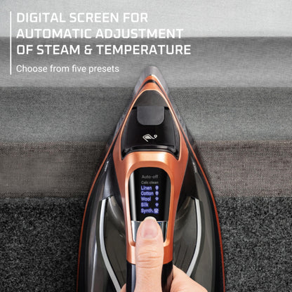 Rowenta Iron Steam Force Pro Steam Iron for Clothes, 1850 Watts, 5 Presets Smart Screen, Stainless Steel Soleplate, High-Efficiency Handheld Steamer Ironing, Anti-Drip Protection, Black Copper, DW9580