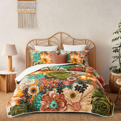 Boho Floral Quilt Sets King Size Reversible Mid Century Quilt Bedding Set Bohemian Design Soft Bedspread 3 Pieces Microfiber Lightweight Coverlet with 2 Pillow Shams for All Seasons, 106''x96''