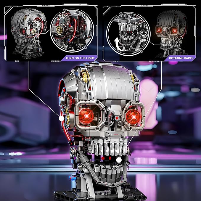1099PCS Mechanical Skull Building Block Set3D Poseable Model with LED Light Movable Linkage Gears Display Stand STEM Toys Gift for Kids &amp Adults Perfect for Horror Fans &amp Gothic Room Decor