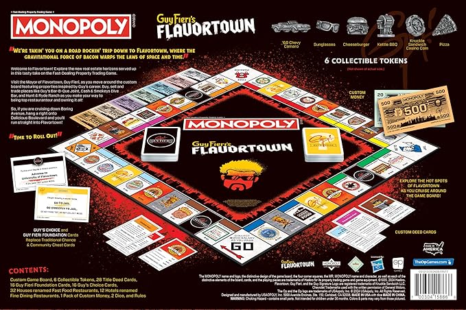 Monopoly: Flavortown Board Game Featuring '68 Chevy Camaro Knuckle Sandwich Coin and More Buy Sell Trade Guy Fieri’s Restaurants Build Your Own Culinary Empire Officially Licensed Merchandise