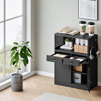 Yizosh Metal Storage Cabinet with 2 Drawers and Locking Doors,- 41.3" Steel Lockable Storage Cabinet with Shelves for Home Office,Garage,School (Black)