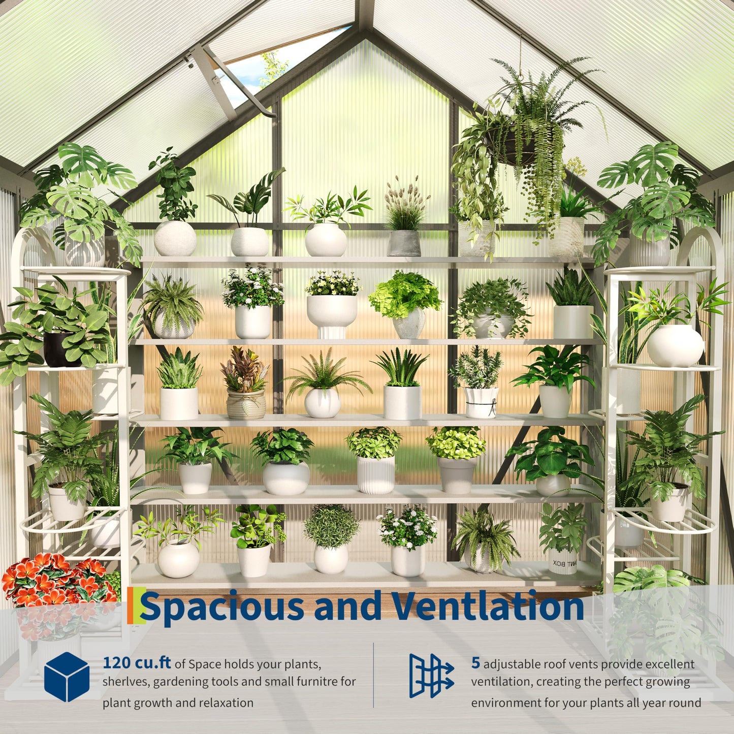 6X4FT Walk-in Polycarbonate Greenhouse, Outdoor Weatherproof Greenhouse Kit with Adjustable Roof Vent, Sliding Door & Gutter Drainage, Portable Green House for Patio Backyard Winter Gardening