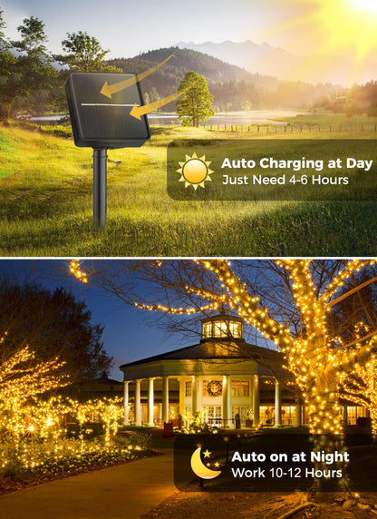 Minetom Solar String Lights Outdoor Waterproof- 40 FT 100 LED Solar Powered String Lights with 8 Lighting Modes, IP65 Waterproof Solar Christmas Lights for Outdoor Outside Tree Party Decor, Warm White