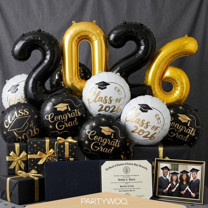 PartyWoo Graduation Balloons Class of 2026 Black White Gold 12pcs Balloons 40 Inch 2026 Foil Number Balloons 18 Inch Congrats Grad Mylar Balloons for Black White Graduation Decorations Party Supplies