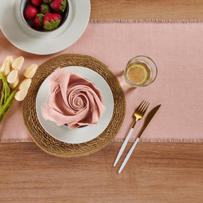 Solino Home Linen Misty Pink Table Runner 72 Inches Long - Fringe, 100% Pure Linen Dining Table Runner 14 x 72 Inch for Summer