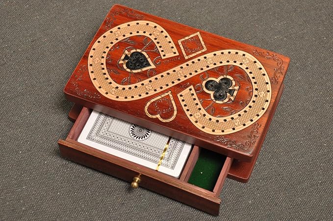 PALM ROYAL HANDICRAFTS 2 Track Cribbage Board Game Set with Magnetic Pull Drawer Playing Cards - Metal Pegs - Storage Available Travel Portable Cribbage Game Sets for Family. (Size - 6.5 x 4).