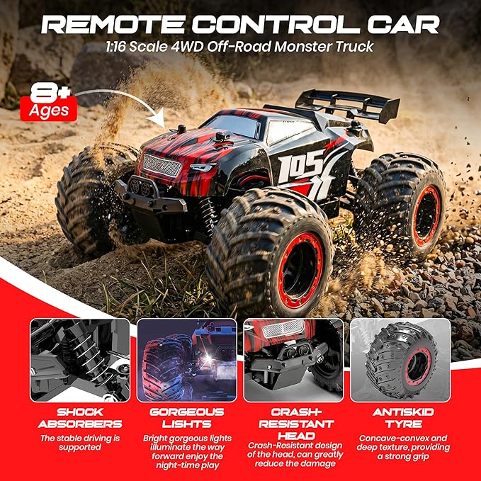 Remote Control Car 2.4GHz high Speed 20km/H 1:16 Scale 4 * 4 Off-Road RC Truck High Speed All-Terrain Racing Vehicle with 2*Rechargeable Batteries LED Lights Gifts for Kids &amp Adults