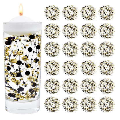 YATOJUZI 30 PCS Artificial Pearl String Black Gold Vase Filler Floating Pearls for Vases Centerpieces Faux Pearl Beads String Decorations Holiday Wedding Anniversary 50th Birthday Party Decor