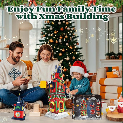 Christmas Countdown Tower House Building Toys - Lego-Compatible Christmas Village House Building Set with LED Light Countdown Clock Tower Christmas Festival Holiday Model Gift Idea for Adult Kids 6+