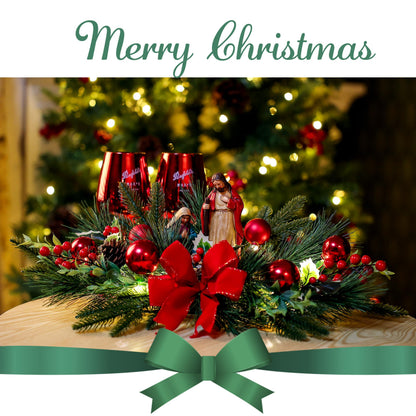 Christmas Table Centerpiece with LED Lights, Christmas Decoration with Red Jesus Pine Needle Ornament, Red Berry, Balls for Holiday Party, Home