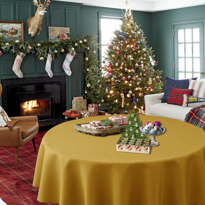 Biscaynebay Round Christmas Tablecloths 60" for Round Tables diameters from 28" to 48", Gold Textured Fabric Water Resistant Folding Table Covers Washable for Dining, Kitchen, Wedding, Parties etc