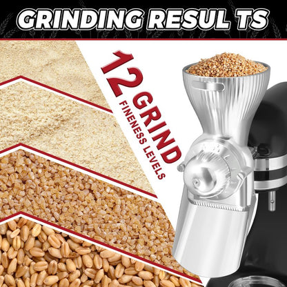 Grain Mill Attachment for KitchenAid Stand Mixer, All Metal 12 Levels Grain Grinder for Kitchen aid, Grain Mill for Flour, Wheat, Corn, Oats, Buckwheat, Millet, Low-Oil