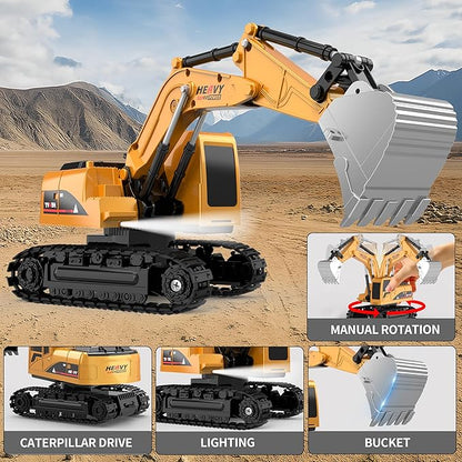 Remote Control Excavator and Dump Truck Toy Set - RC Construction Vehicles Toy with Barricades Road Signs Simulated Rocks Lights and Sounds Birthday Gifts for Toddlers 3-12 year Boys Girls