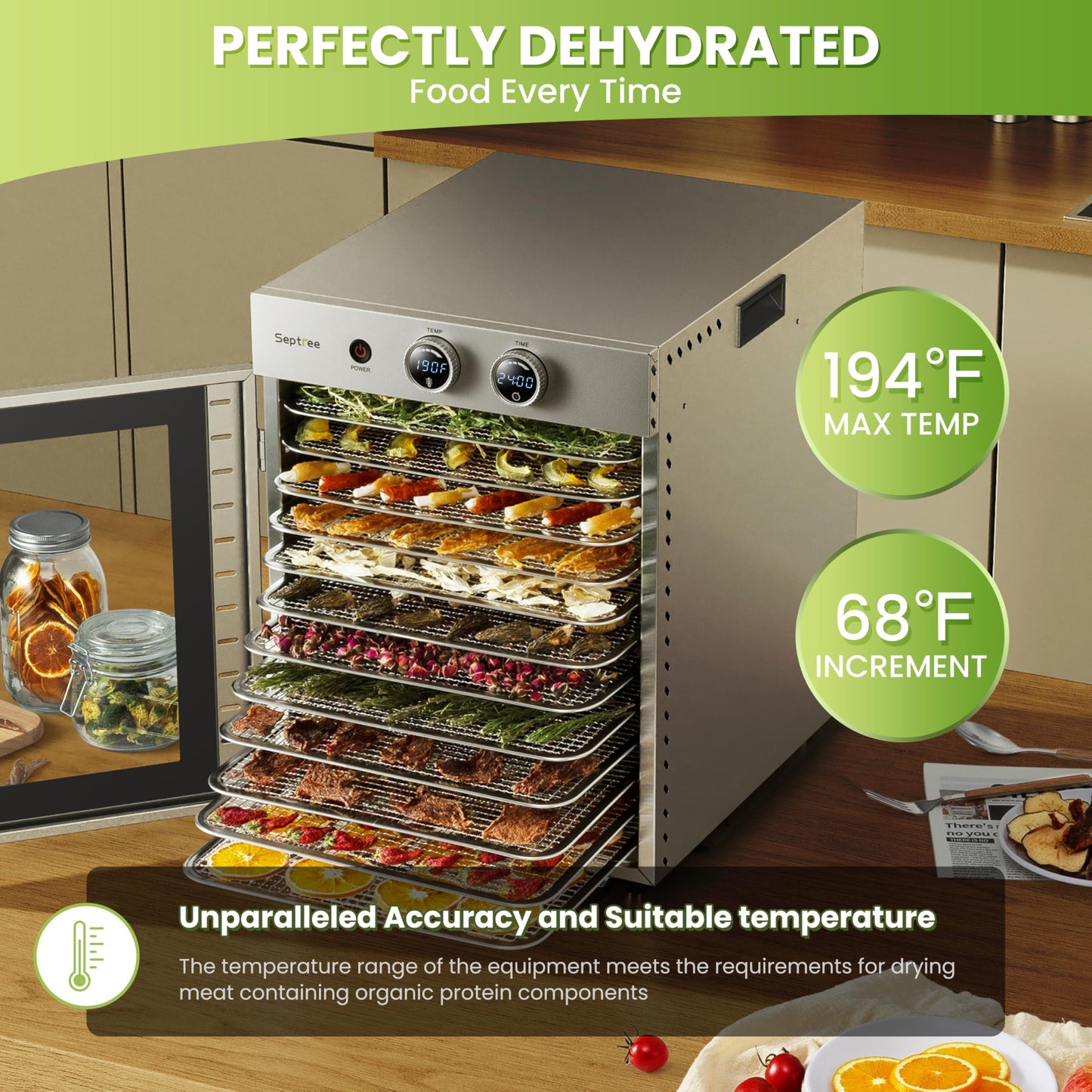 Food Dehydrators Machine with 12 Stainless Steel Trays with Timer Setting Temperature Adjusted 68 ℉ to 194 ℉ Dryer for Herb Fruit Meat Vegetables Mushroom Beef for Commercial Household Pitch Black