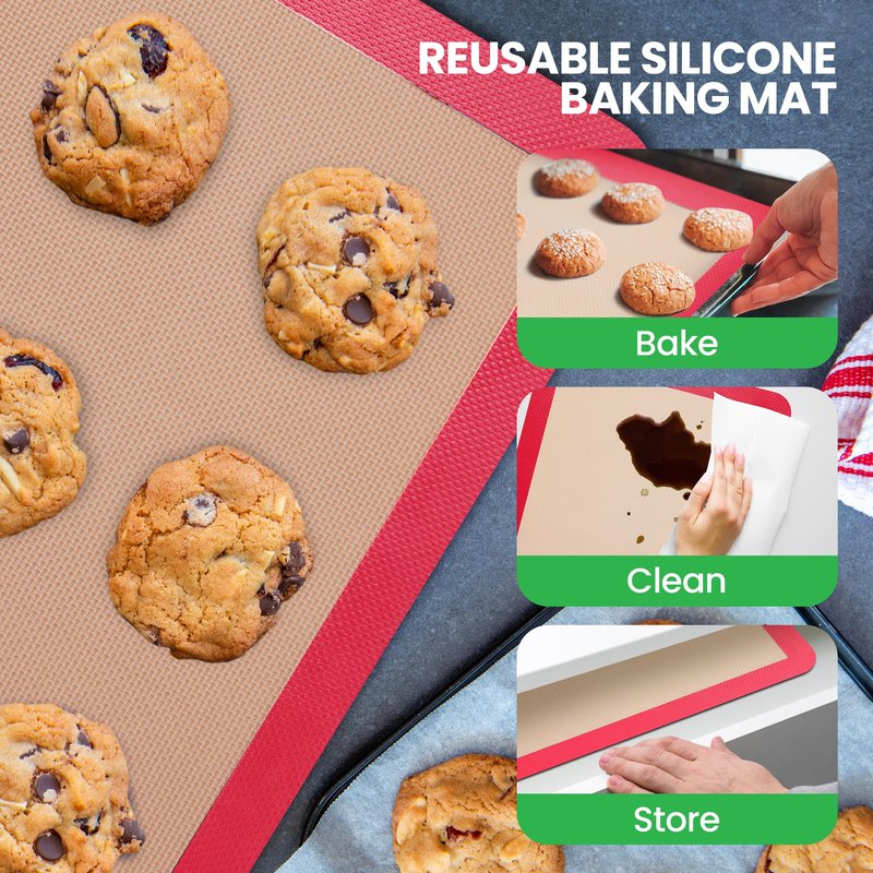 Nutrichef Silicone Baking Mats - 2 Non-stick Food-Grade Silicone Mats - Perfect for Full Baking Pans 24.4 x 16.5 IN - Oven-safe Up to 480 Degrees F - Suitable for Ovens, Freezers, & Dishwashers - Red