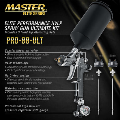 Master Elite Performance PRO-88 HVLP Automotive Spray Paint Gun with 3 Tips 1.3, 1.4 and 1.8mm, 1L Cup, Regulator Gauge, MPS Adapter - Auto Paint Spray Gun for Automotive Basecoats, Clearcoats