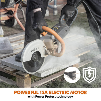 Evolution R230DCT - 9 in Concrete Saw (Circular, Angle Grinder, Cut Off Saw) - 15A Motor, No Gas - 3-1/2 In Cut - Incl Diamond Masonry Blade