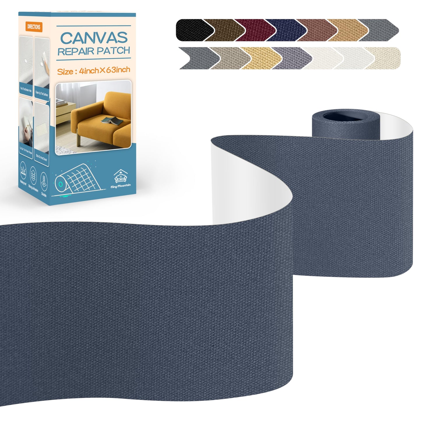 KING MOUNTAIN Canvas Repair Tape,Outdoor Gear Patch, 4×63 Inches,Waterproof,Self-Adhesive for Repairing Boat Covers,Sun Shades,Sofas,Tents,Lounge Chairs,Awnings (Dark Grey-1)