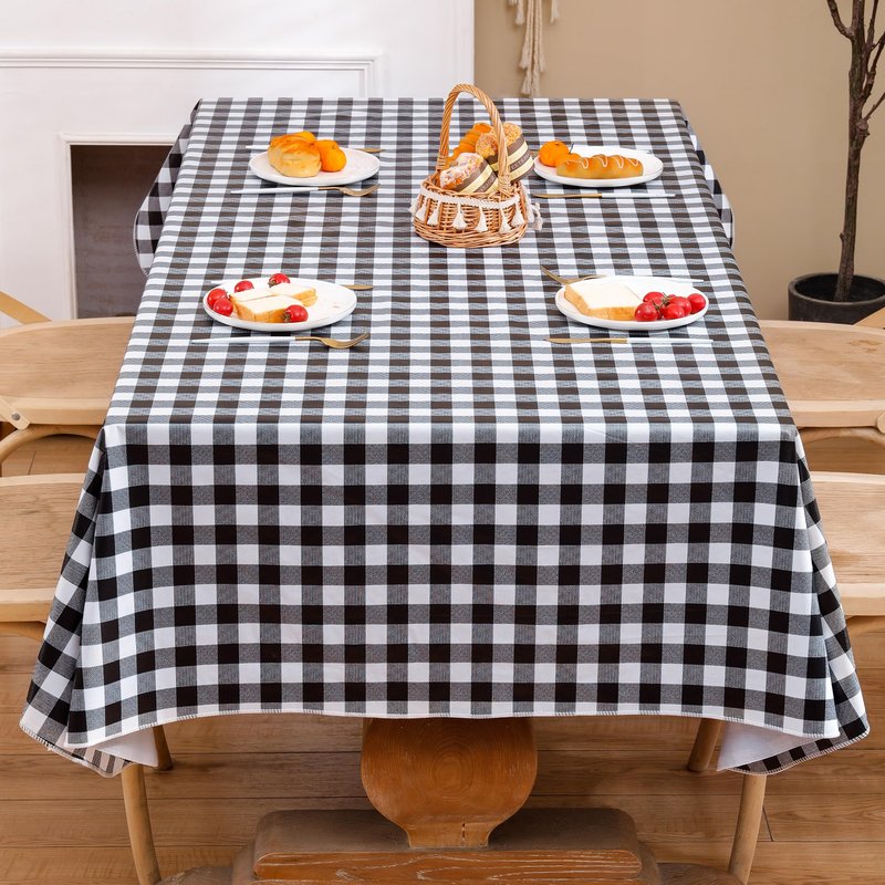 Heavy Duty Vinyl Tablecloth with Flannel Backing Waterproof Oil-Proof Plastic Table Cloth Stain-Resistant Wipeable Rectangle or Square Table Cover for Indoor and Outdoor (Black Checkered, 60x102 Inch)
