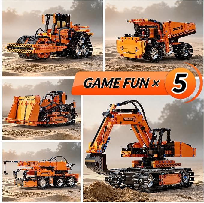 5in1 STEM Building Kits for Kids STEM Building Toys for Kid Remote &amp APP Controlled Excavator/Crane/Bulldozer/Road Roller/Dump Trucks Building Blocks Set for Boys Girls Birthday Xmas Idea Gifts