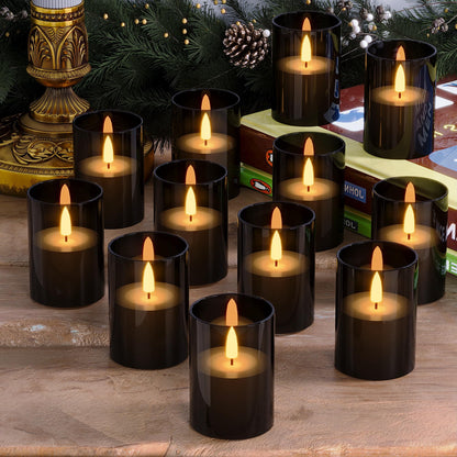 VIODAIM 12Pack Flickering Flameless LED Candles with Timer, Battery Powered - Small Pillar & Votive, Black (2"X3")