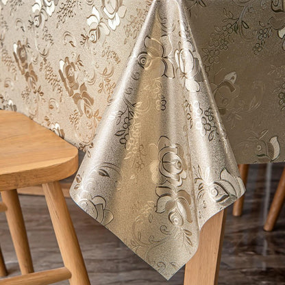 FAVE Gold Tablecloth Waterproof PVC Table Cover Wipeable Easy Clean for Kitchen Dining Table, Golden Rose Pattern 55x78 Inches for Wedding Banquet Birthday Party Restaurant Decors