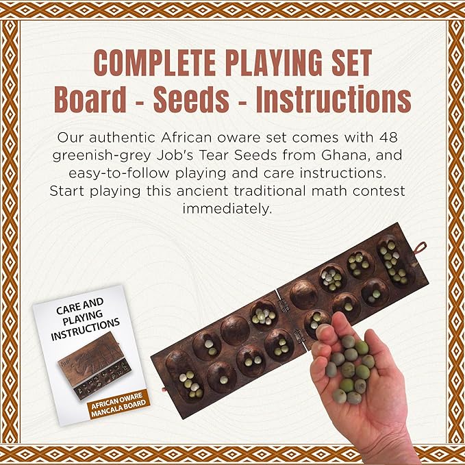 Africa Heartwood Project African Oware Mancala Board - Wooden Folding Mancala Square Shape Hand-Carved Solid Wood with Elephant Design 48 Seeds and Instructions Included