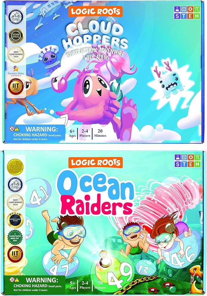 Addition and Subtraction Game - Fun Math Board Game for 6-8 Year Olds Easy to Play Educational Game for Kids at Home STEM Toy Gift for Girls &amp Boys (Ocean Raiders + Cloud Hoppers)