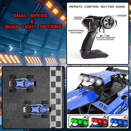 RC Monster Truck for Kids Ages 4–8 1:12 Remote Control Car with Alloy Shell 15.5 MPH (25KM/H) Fast Off Road Blue RC Car with 2 Speed Modes &amp LED Lights 2.4GHz Easy Control Toy Gift for Boys
