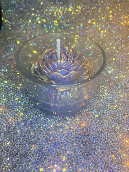 Decorative Shimmery Glass Candle with Floral Design, Blue, 4oz, Holographic Glitter Effect