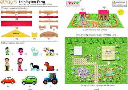 Wooden Logs Toys Farm Playset- Logs Building Set Farm House Wooden Construction Toys 207 Pieces for 3 4 5 6 Year olds