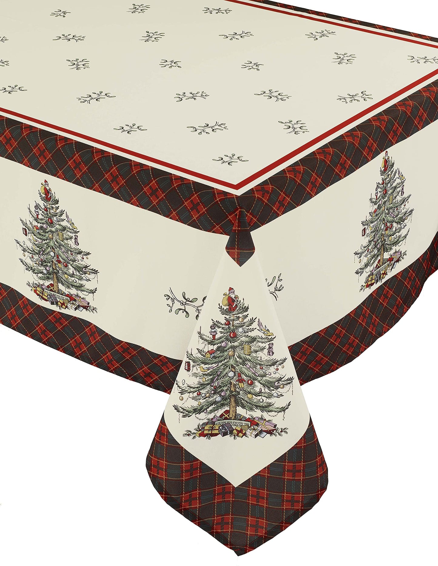 Spode - Fabric Tablecloth, Holiday Home Decor Christmas Tree Tartan Collection, 60" x 144"