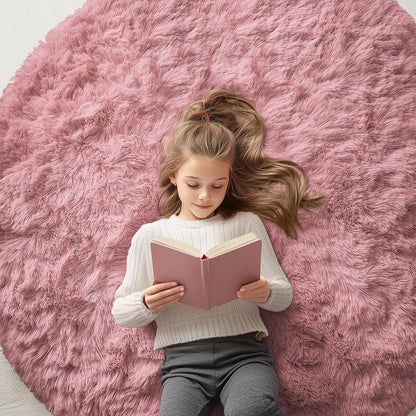 OLANLY Round Area Rug - Soft & Fluffy Pale Pink Shaggy Carpet | 5 ft Circle for Bedroom & Nursery Decor