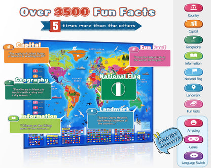 Qiaojoy Bilingual Interactive World Map for Kids Learning and Educational Toys, Talking Electronic Kids World Map i-Poster Geography Games Ages 3 to 12 Years Old, Custom Talking Birthday Gifts Card