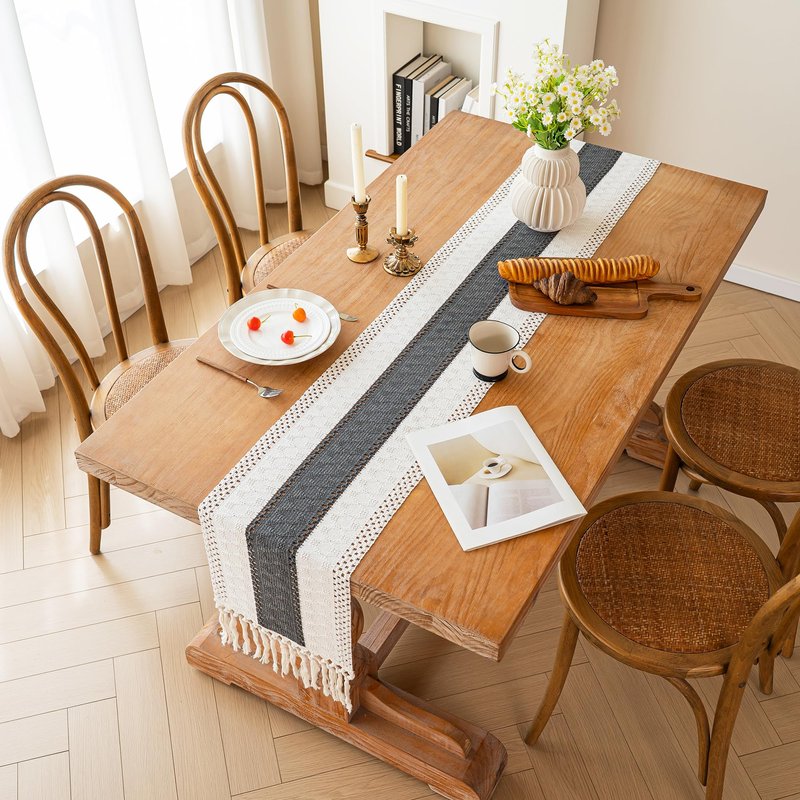 FEXIA Boho Table Runner for Christmas Home Decor with Tassels 72 Inches Long Farmhouse Grey Rustic Table Runner Macrame Burlap Table Decoration for Living Room Bridal Shower(12x72 Inches)