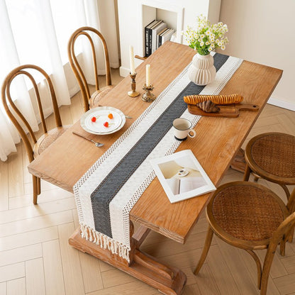 FEXIA Boho Table Runner for Christmas Home Decor with Tassels 72 Inches Long Farmhouse Grey Rustic Table Runner Macrame Burlap Table Decoration for Living Room Bridal Shower(12x72 Inches)