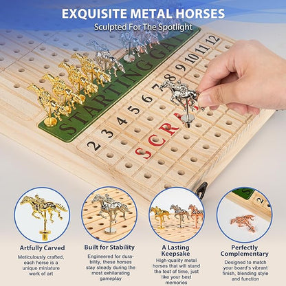Horse Racing Board Game - 23x12 - Derby Classic Horse Race Game with 11 Metal Horses - Foldable Wood Horse Game with Dice Premium Chips &amp 2 Packs of Cards - Natural Wood