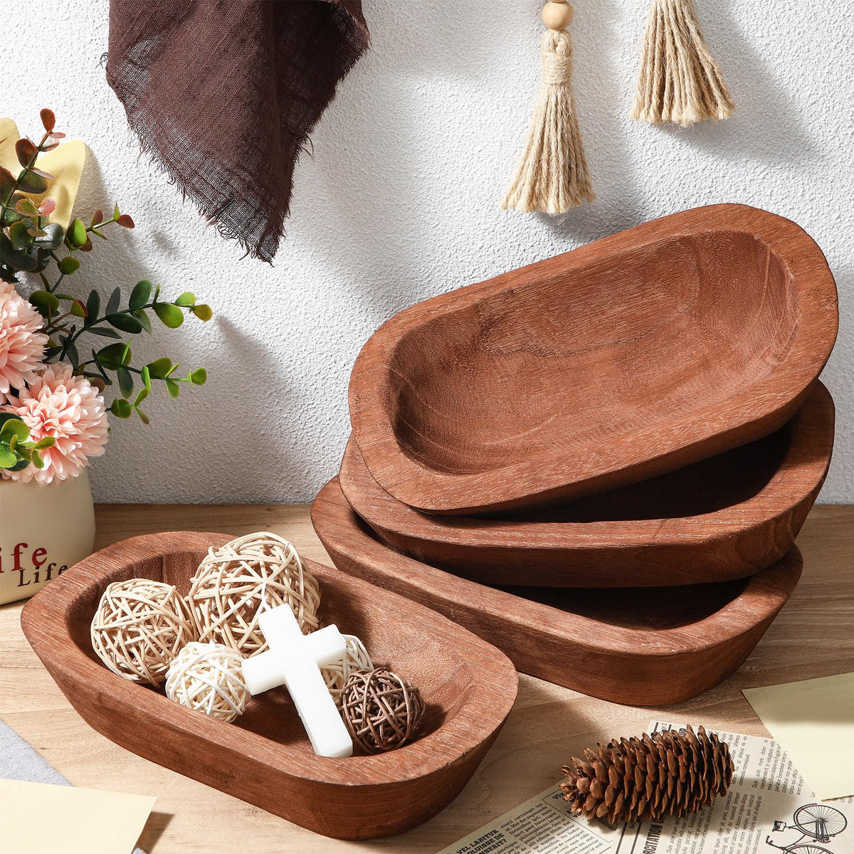 FoldTier 4 Pcs Wooden Dough Bowl Bulk Wood Decorative Rustic Wooden Bowls Wedding Table Centerpiece for Living Room Home Dining Room Kitchen Easter Decoration(Brown,10'' X 6'' X 2'',Classic)