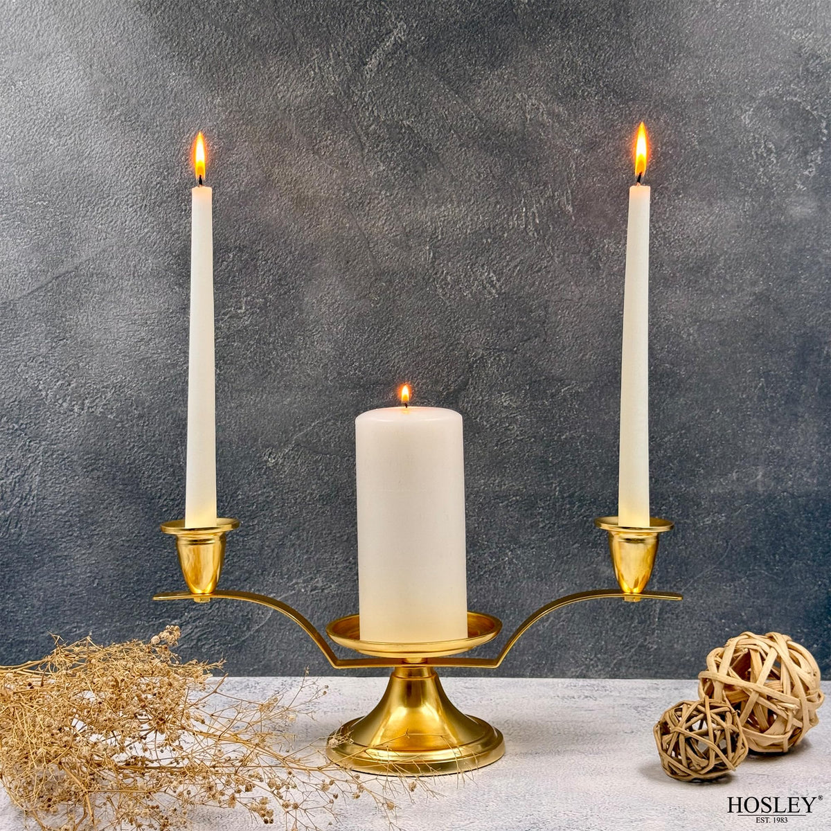 Hosley Gold Metal Unity Candle and Holder Set for Wedding, 11.50 Inch High Cream Wedding Unity Candle Set Includes 1 Pillar and 2 Taper Candles