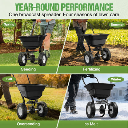PPOLB Broadcast Spreader for Lawns, 80LB Fertilizer Spreader with 25-Level Flow Control, Walk Behind Lawn Seed & Salt Spreader, 0–10FT Coverage, Hopper Screen, Rain Cover, 12" Pneumatic Wheels