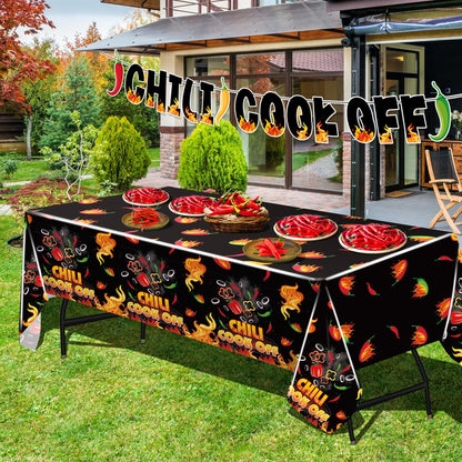Iceyyyy 4 Pcs Black Chili Cook Off Table Decorations Set-108" x 54" Chilis Peppers Flame Table Covers 33 Ft Cooking Chili Contest Banner-Disposable Chilis Peppers Party Decorations for Party Supplies