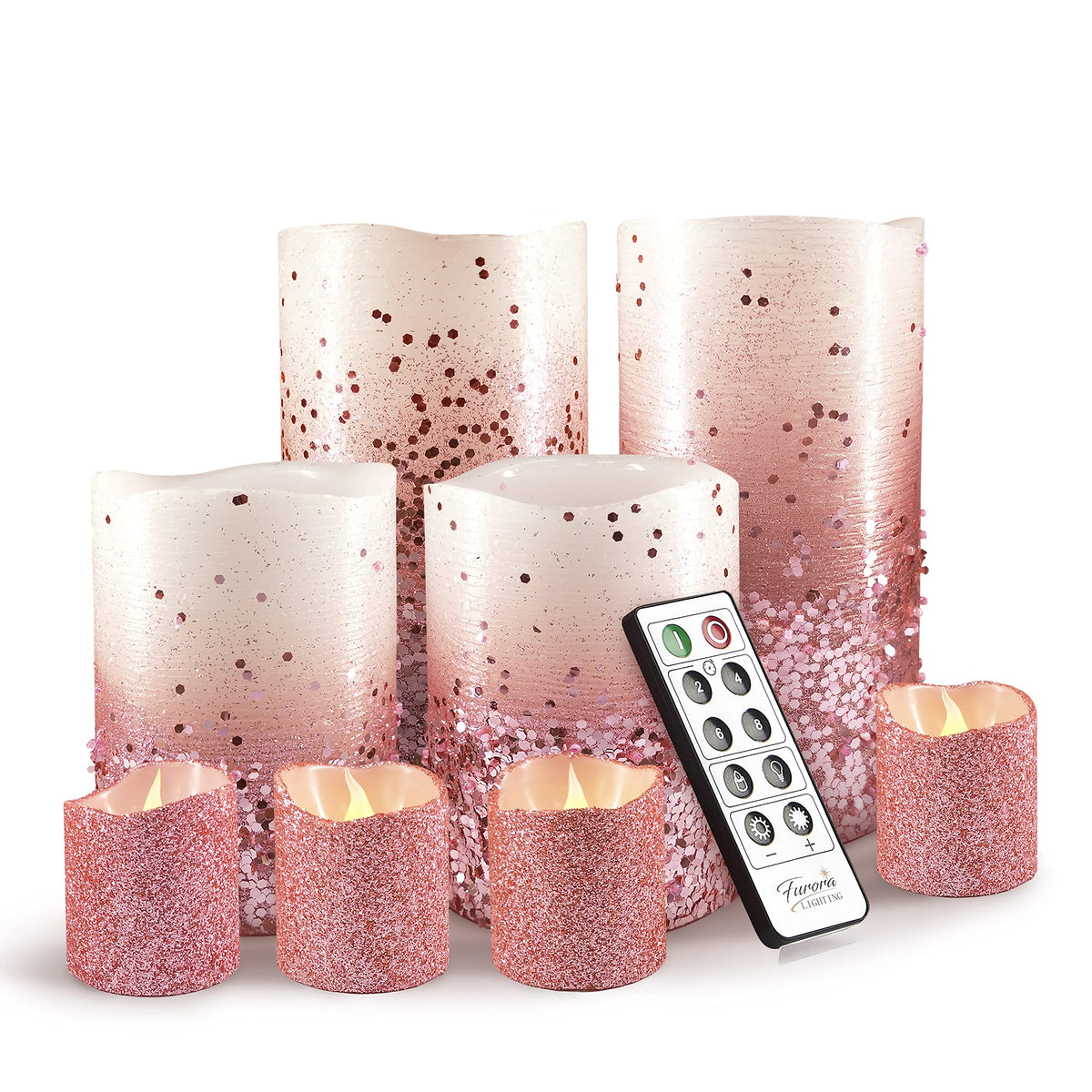 FURORA LIGHTING Pink Glitter Flameless Candles - Real Wax, Adjustable Brightness, Remote & Timer - 4 Pillars (3x4, 3x6) and 4 Votives, 8-Pack, Battery Operated