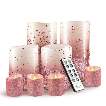 FURORA LIGHTING Pink Glitter Flameless Candles - Real Wax, Adjustable Brightness, Remote & Timer - 4 Pillars (3x4, 3x6) and 4 Votives, 8-Pack, Battery Operated