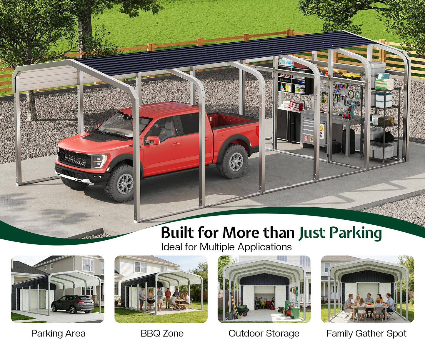 Jocisland 12x24 FT 2-in-1 Carport & Storage Shed, Heavy Duty Carport with Galvanized Steel Roof, 12x4.2 FT Metal Shed with 2 Transparent Panels & Double Doors, Car Canopy for Cars, Boats, Trucks