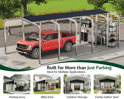 Jocisland 12x24 FT 2-in-1 Carport & Storage Shed, Heavy Duty Carport with Galvanized Steel Roof, 12x4.2 FT Metal Shed with 2 Transparent Panels & Double Doors, Car Canopy for Cars, Boats, Trucks