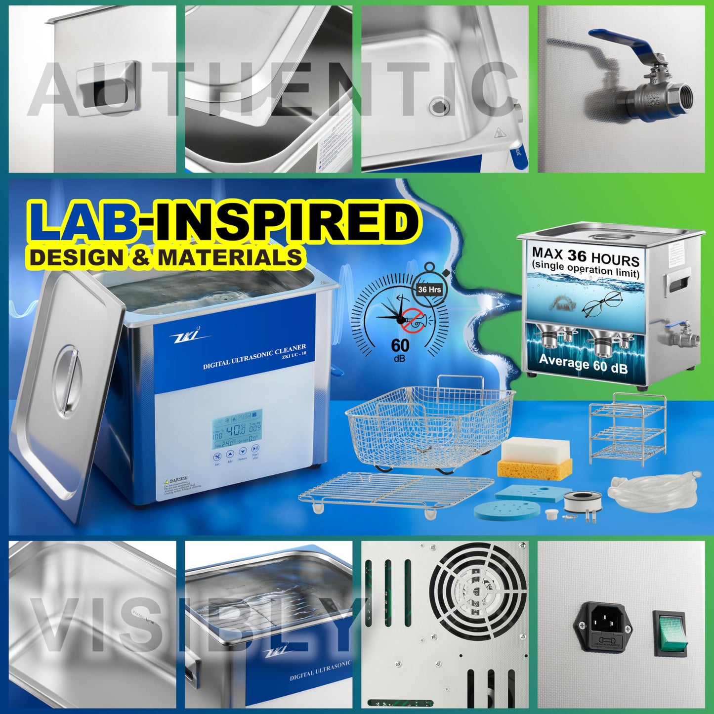 ZKI 10L Digital Ultrasonic Cleaning Machine, Adjustable Heater/Intensity/Timer Ultrasonic Cleaner, Degas Mode, Low-Noise, 12+ Hrs Run Time, Ideal for Jewelry, Lab, Glasses, Dentures, Ind. (110V/600W)
