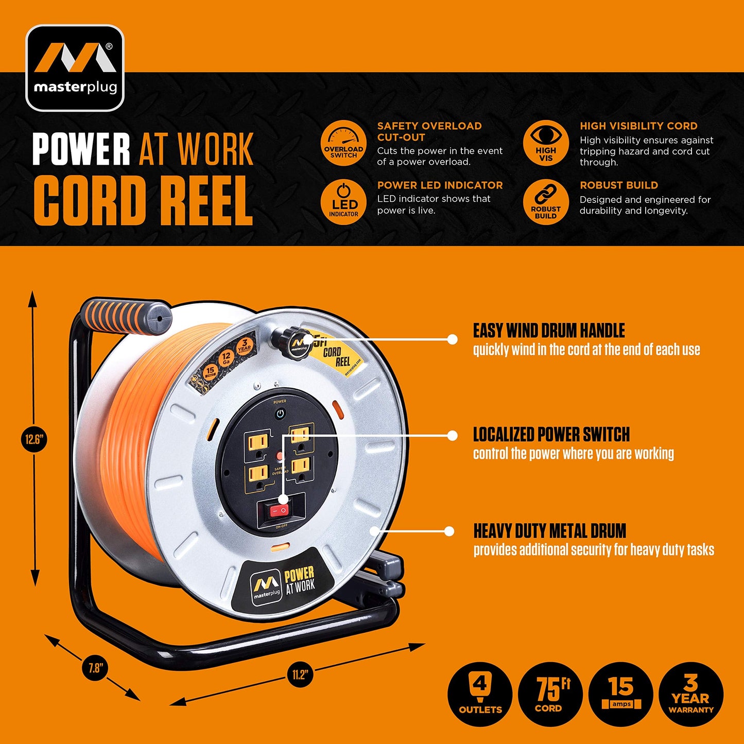 Masterplug Metal Steel Drum with Four Powered Outlets, Open Cord Reel Extension Cord with Winding Handle, Overload Circuit Breaker and Power Switch, 75 Feet 12AWG, High Visibility Cord